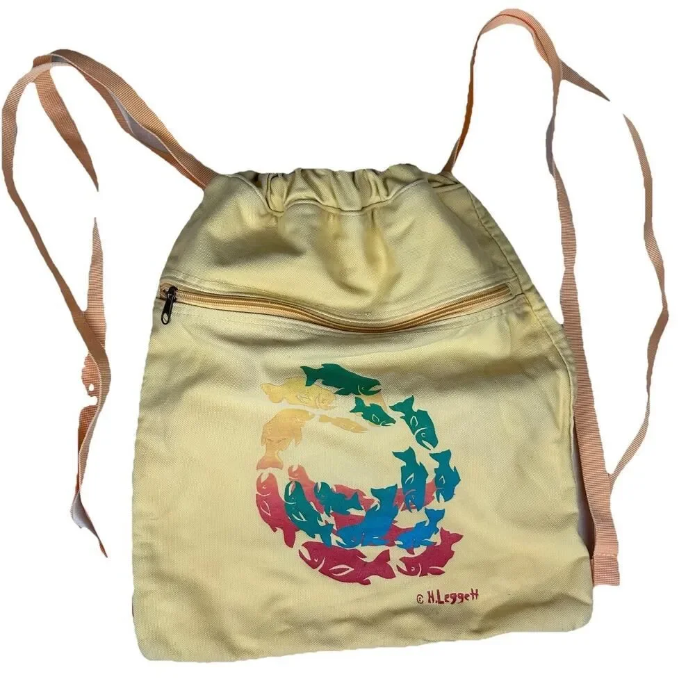 Authentic Pigment Cinch Sack 100 % Cotton Canvas yellow Ocean Fish 14 X 17”